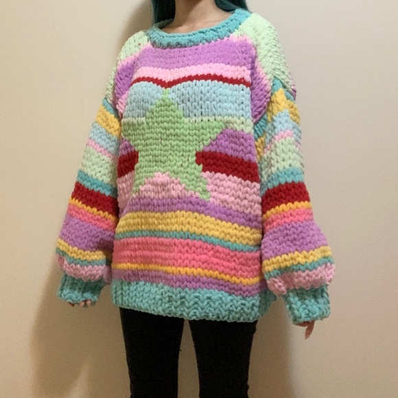 Purple Pink Green Blue Colorful Striped Star Chunky Chenille Knit Sweater Y2k - Picture 1 of 4